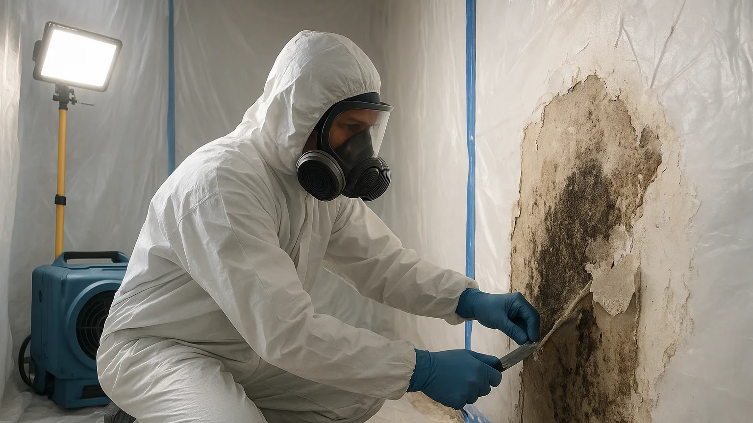 Mold remediation process: technician in hazmat suit removing contaminated drywall inside containment area with HEPA filtration
