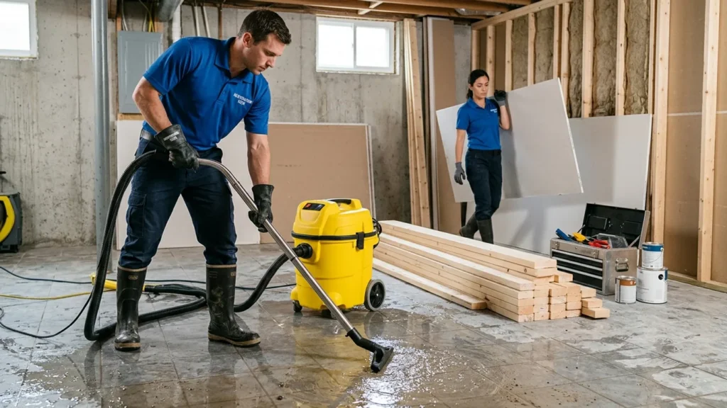 Water mitigation technician extracting standing water with wet vacuum in flooded room, illustrating water mitigation vs restoration process.