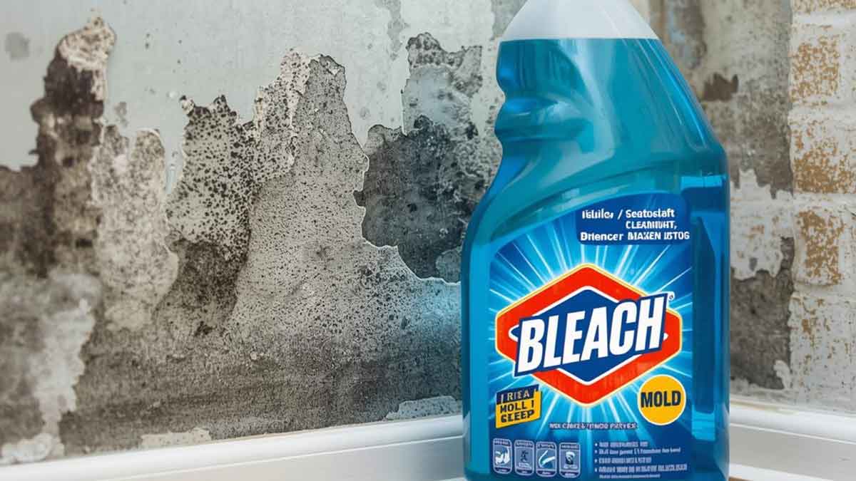 A bottle of bleach placed beside a wall covered in mold.