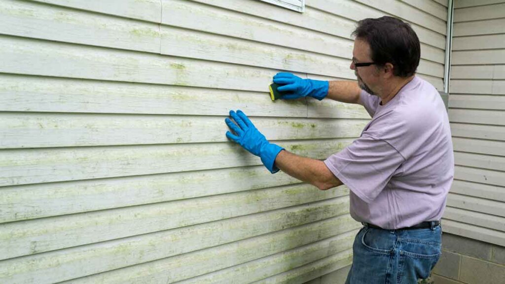  A man wearing gloves scrubbing mold off the exterior siding of a house.