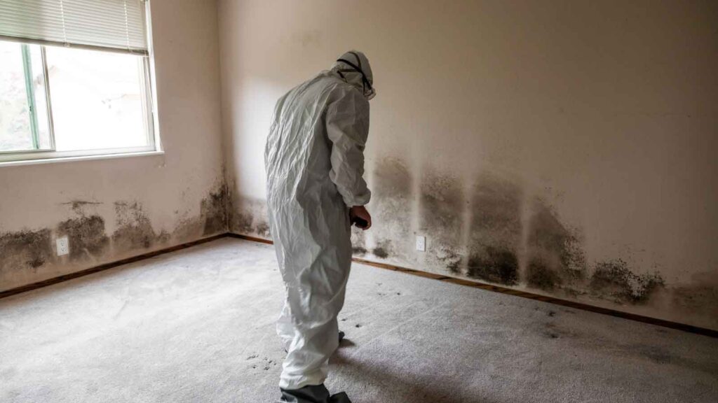 A mold remediation expert inspects a room with visible mold.