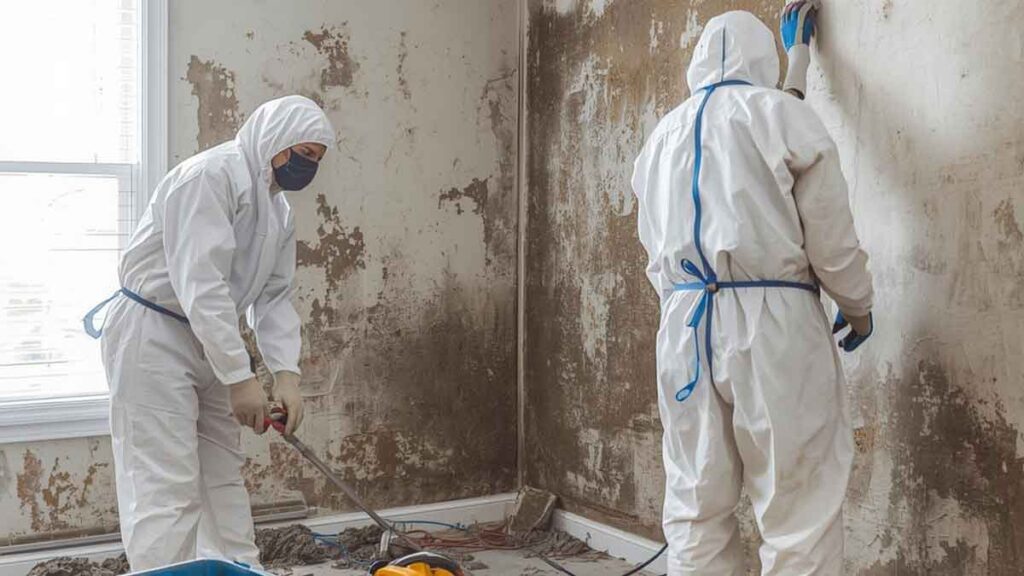 Two workers in protective suits removing heavy mold from interior walls.