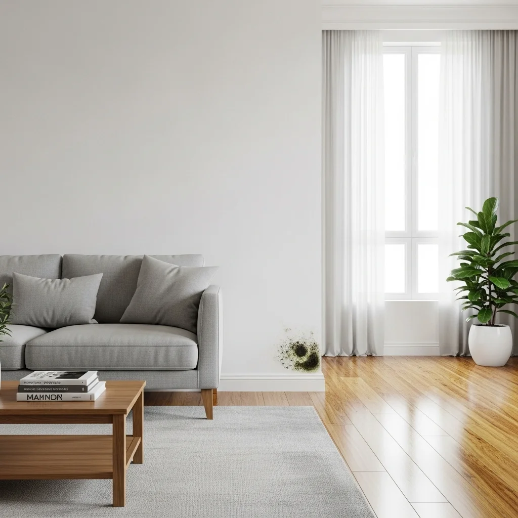 image displaying minor mold damage on the wall of clean and modern property living room. The property is clean and modern, but has minor mold damage