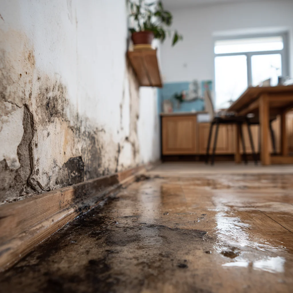 water damaged wall and wood flooring of a home in los angeles