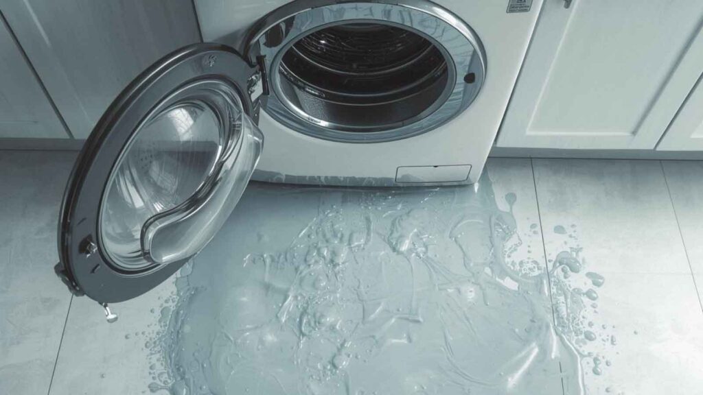 A washing machine leaking water onto the floor