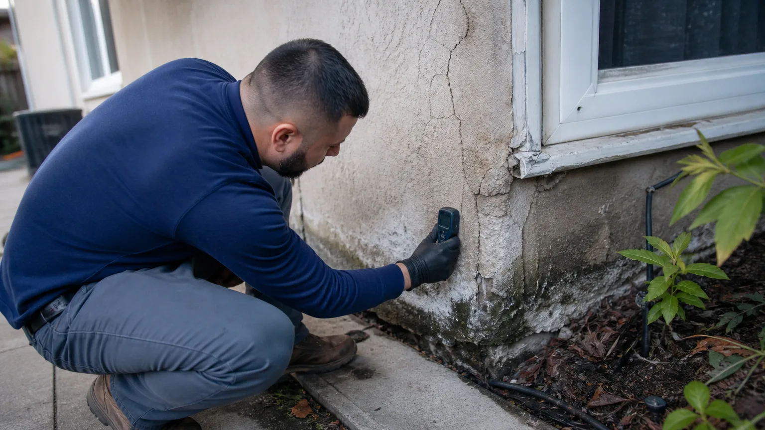 Inspector checks moisture near failed stucco sealant on a Los Angeles home