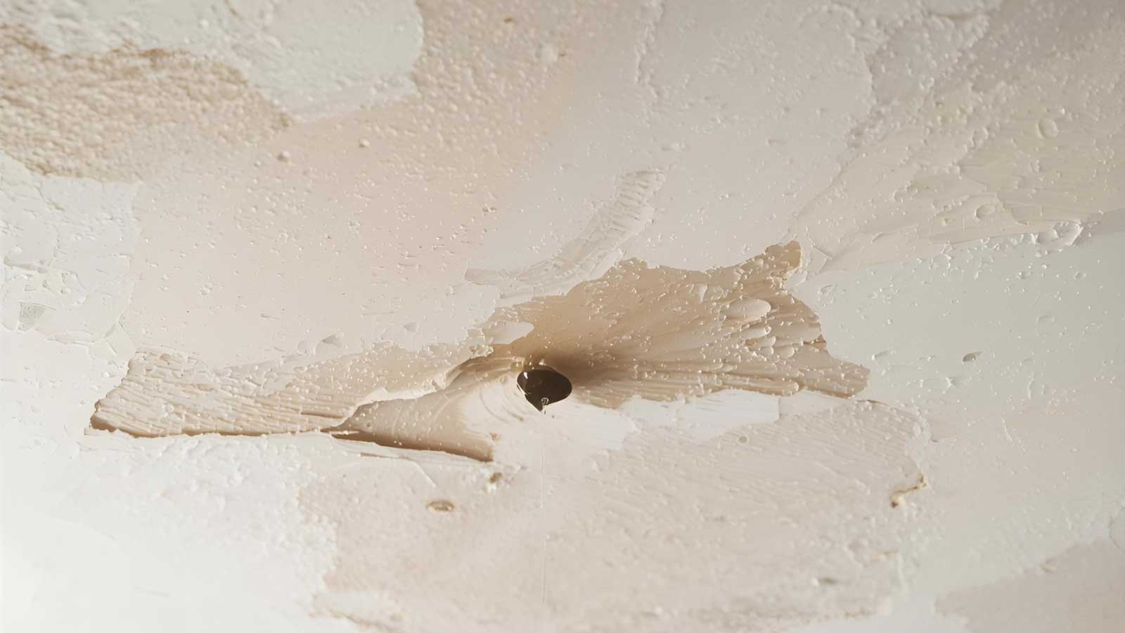 Image of a water-damaged ceiling with an active leak
