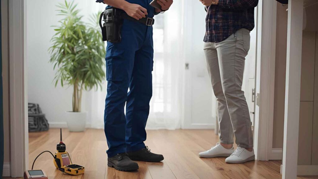 Maintenance technician showing a digital tablet to a homeowner over a newly restored hardwood floor with cleaning tools nearby in a bright, modern home