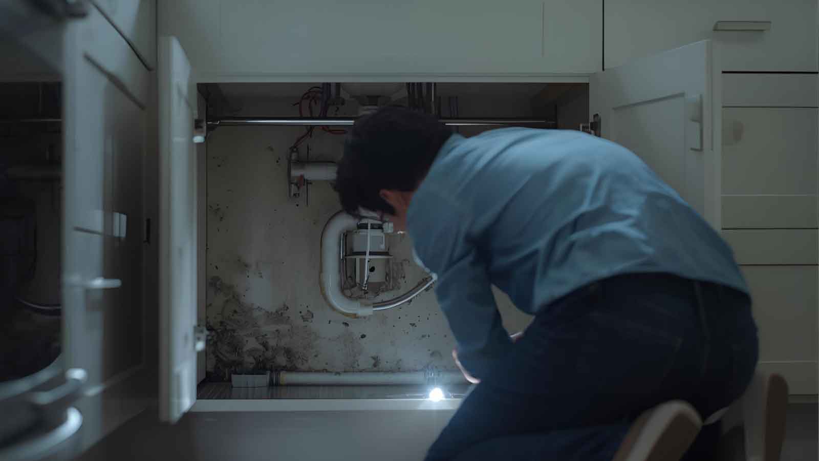 Homeowner kneeling and inspecting hidden mold growing under a kitchen sink with a flashlight.