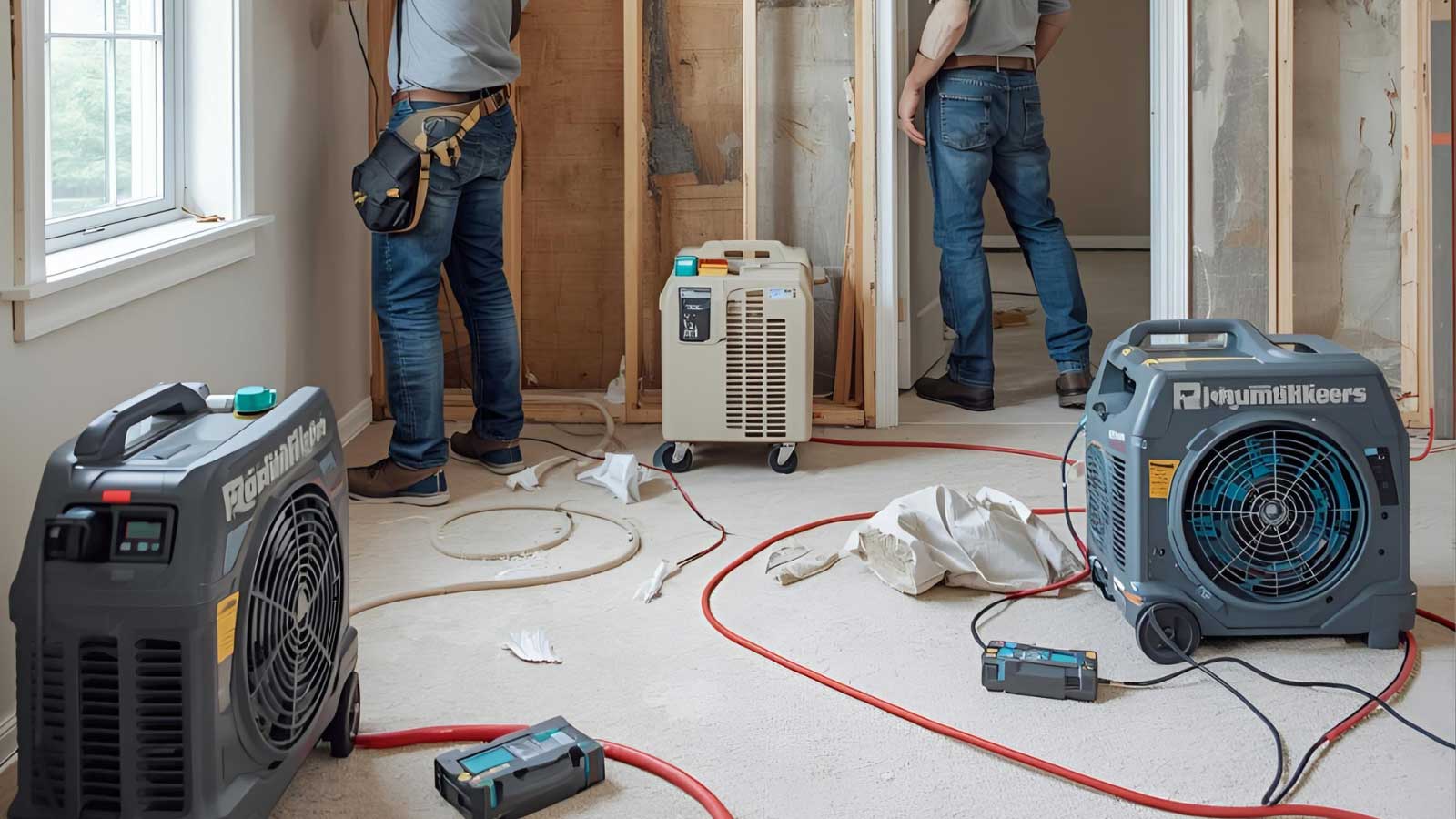 Restoration team removing damaged drywall and setting up drying equipment after a wall leak repair.
