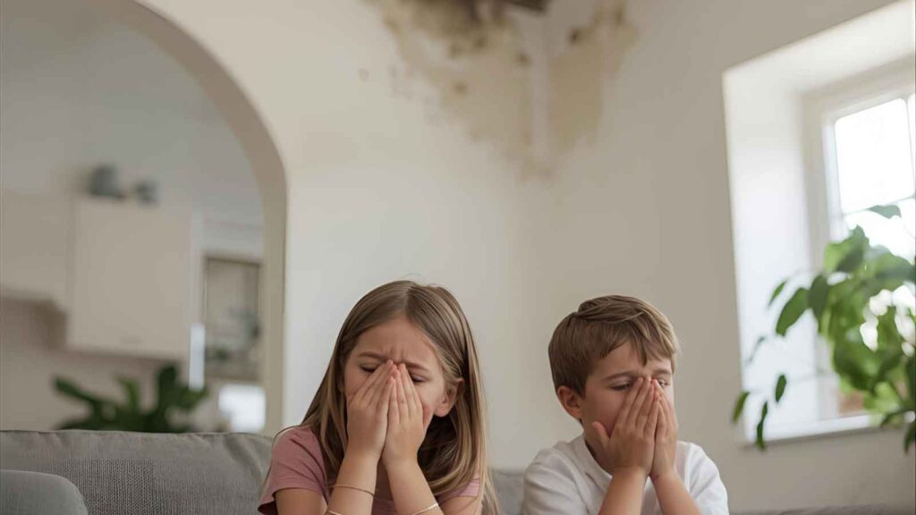Two children sneezing in a living room with subtle mold growth visible on the ceiling in the background.