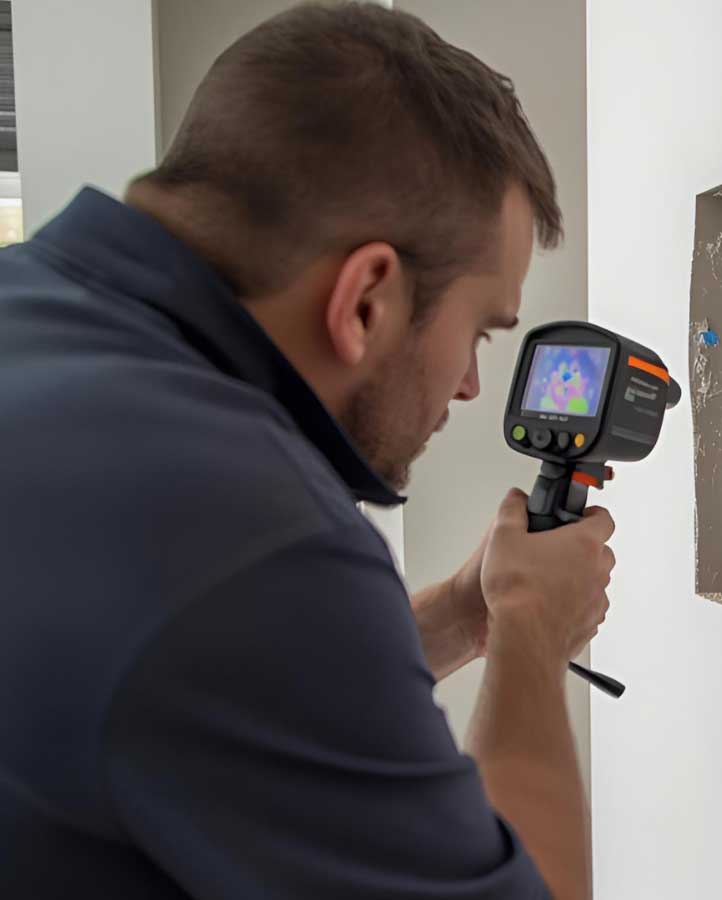 Technician using an infrared camera to detect hidden moisture inside a wall during a leak inspection.