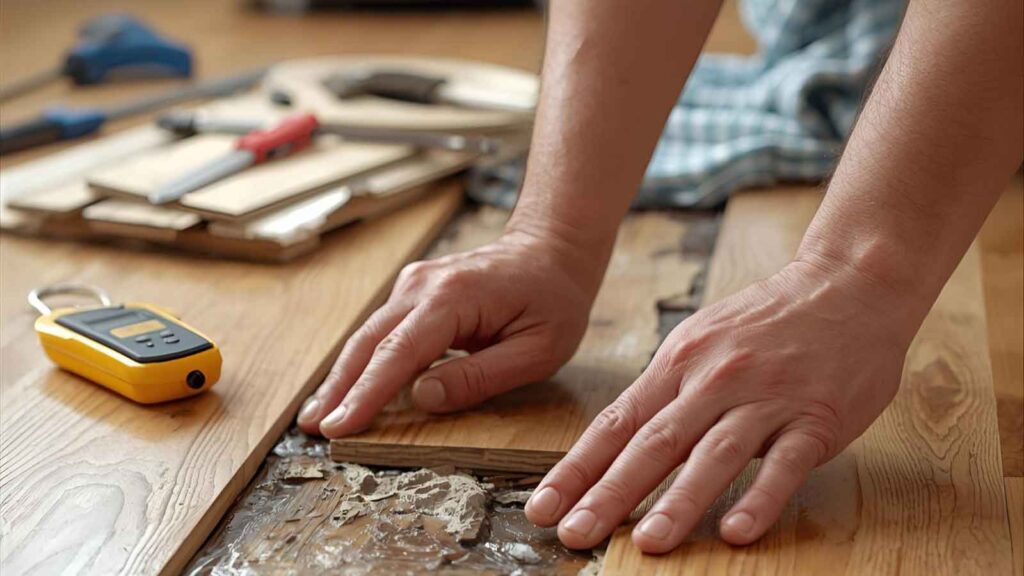 Close-up of hands repairing a water-damaged wooden floor with tools nearby, showing damaged boards being replaced in a clean, well-lit home interior.
