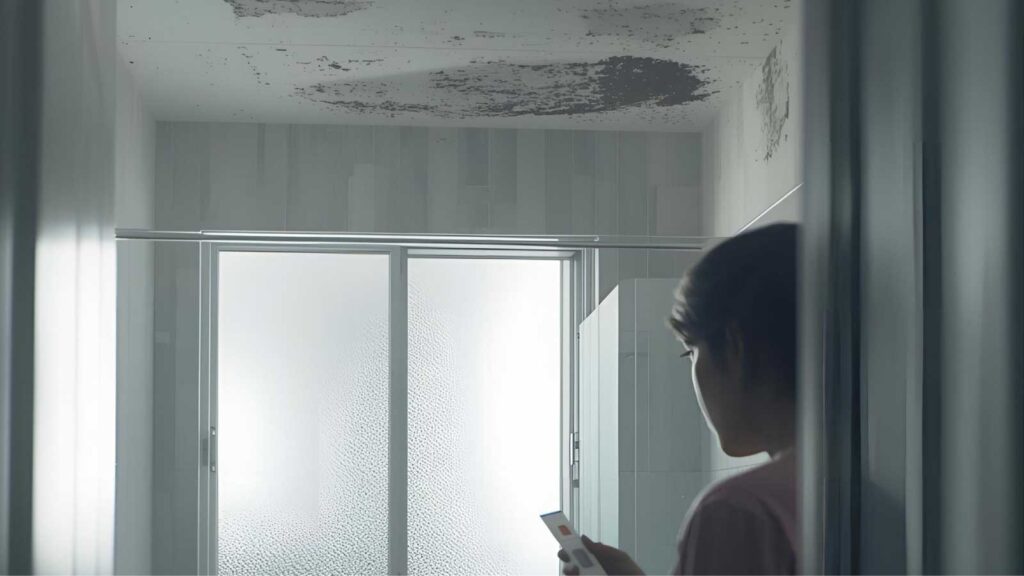 A woman holding a DIY mold test inside a room where there's visible mold in the ceiling