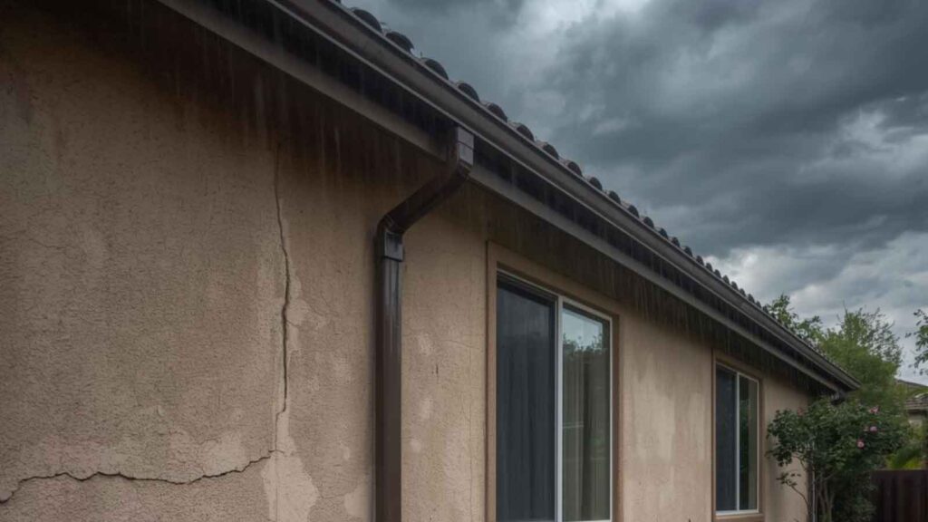 An image showing the exterior of a Los Angeles home with cracked stucco finish during the rain