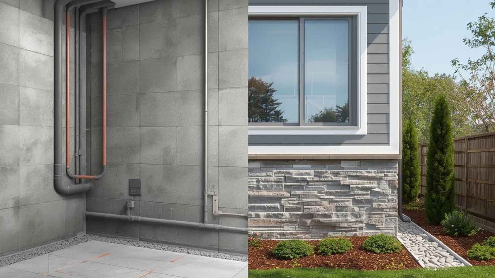 Split image of a basement and the exterior of a house