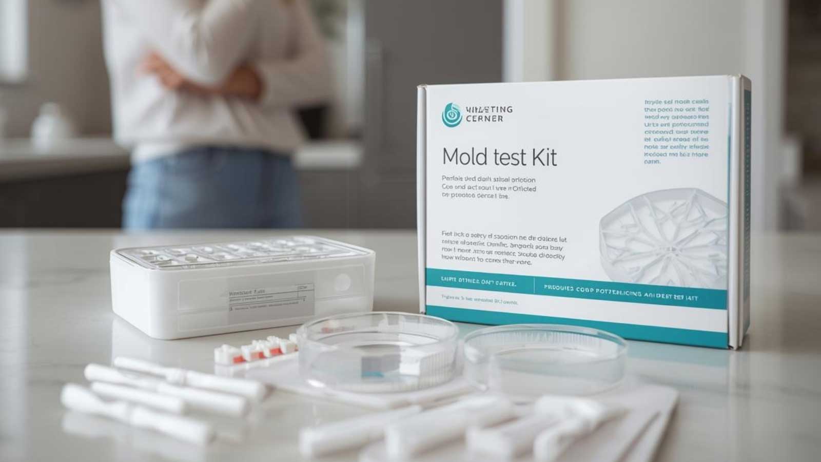 Mold test kit with petri dish, swabs, and containers on a white countertop
