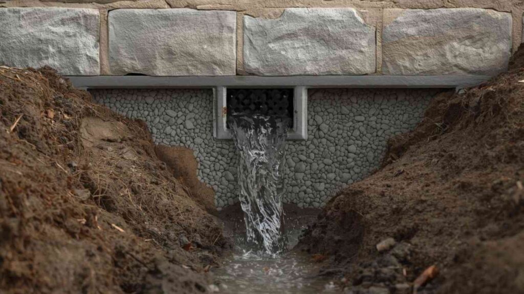 Image of a working retaining wall drainage with water flowing out