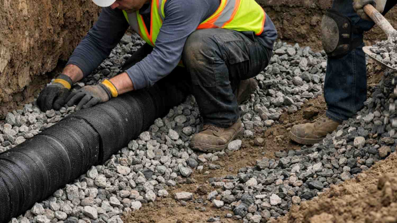 Image of two professionals installing a water pipe for drainage