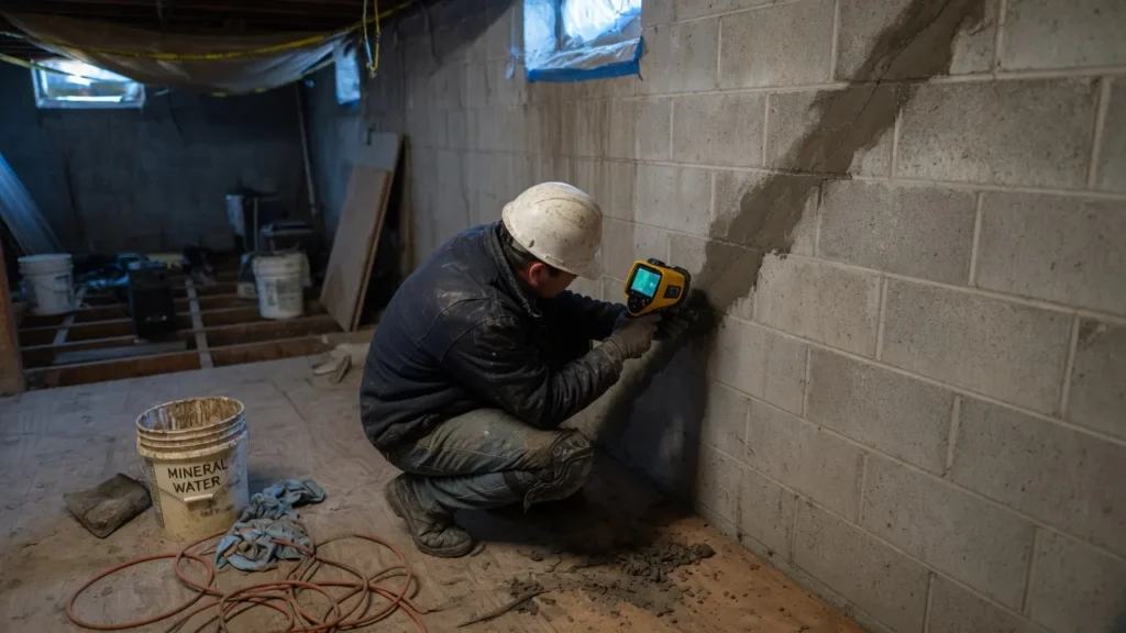 Water damage restoration technician using thermal camera to diagnose moisture intrusion on cracked basement wall for interior vs exterior waterproofing assessment