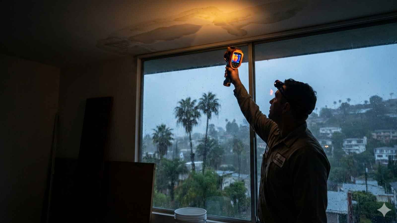 A water leak technician assessing a visible ceiling leak in a dimmed room inside a Los Angeles home, an overcast sky is seen in outside the window
