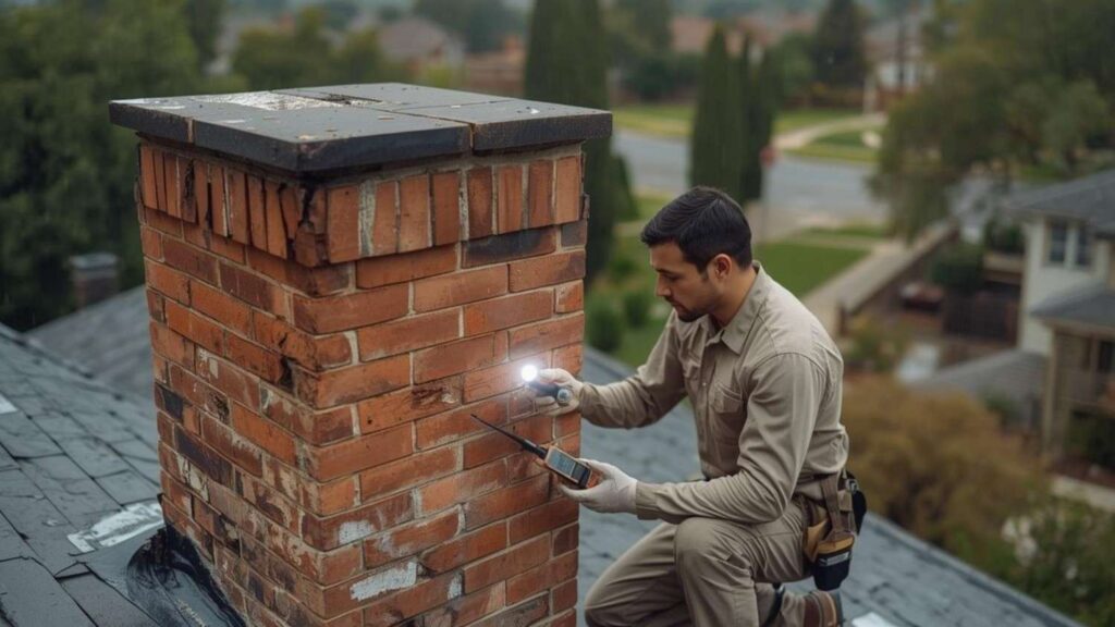 Professional leak detection technician using a flashlight and a moisture meter on a leaky chimney