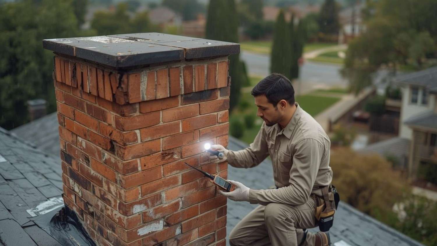 Professional leak detection technician using a flashlight and a moisture meter on a leaky chimney