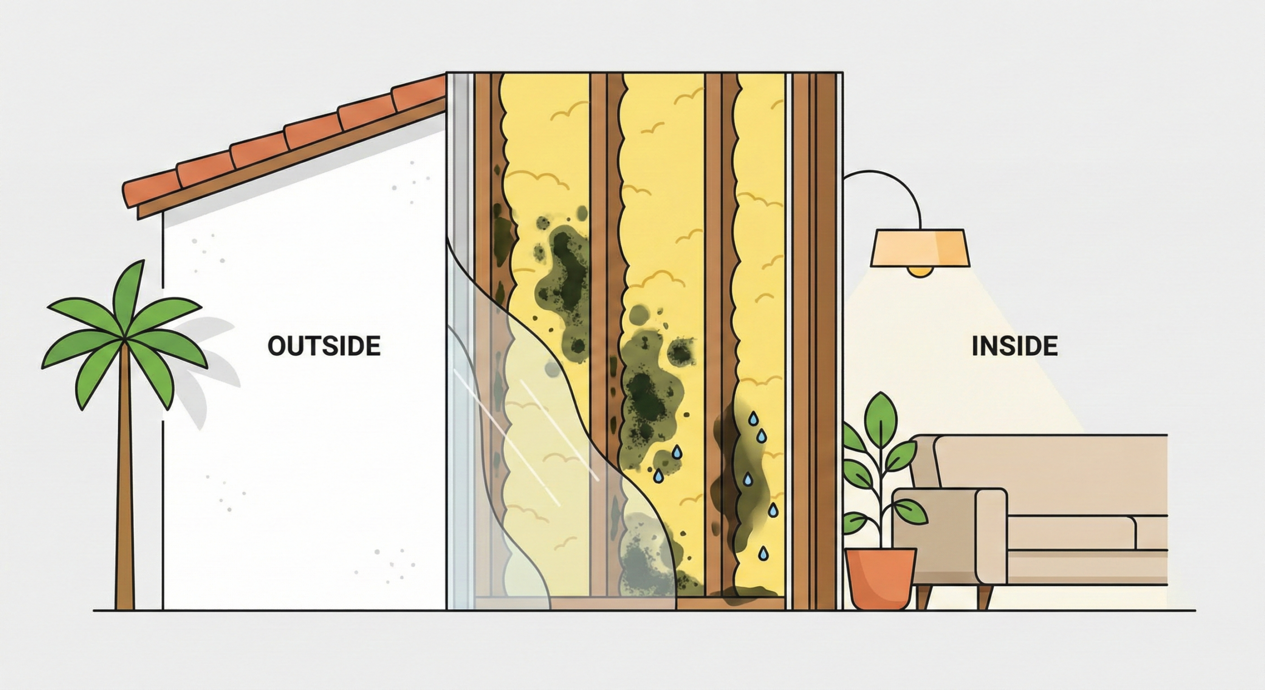 Cross-section illustration of a Los Angeles stucco home showing hidden mold growth behind walls — exterior looks normal while mold colonies grow on framing and insulation inside the wall cavity