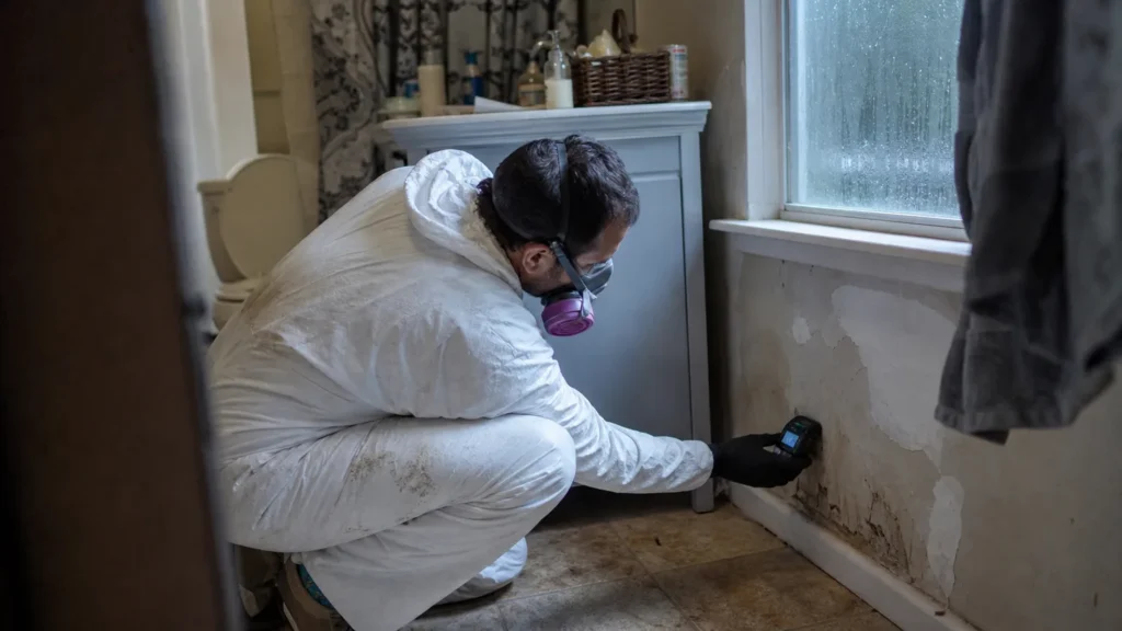 Mold inspection technician checking damp bathroom wall and water damage in a Los Angeles home