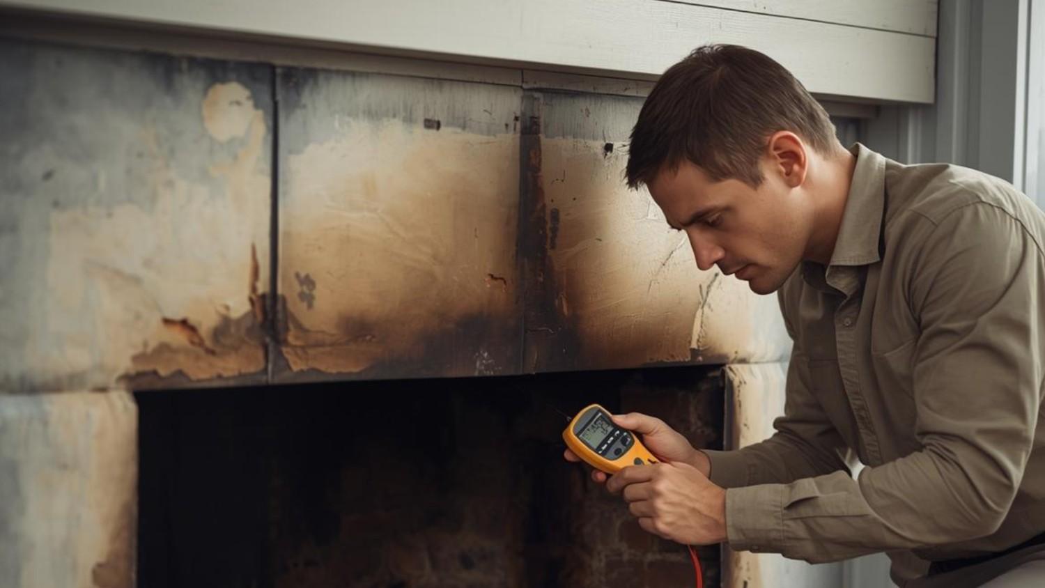 A water intrusion expert using a moisture meter on a fireplace
