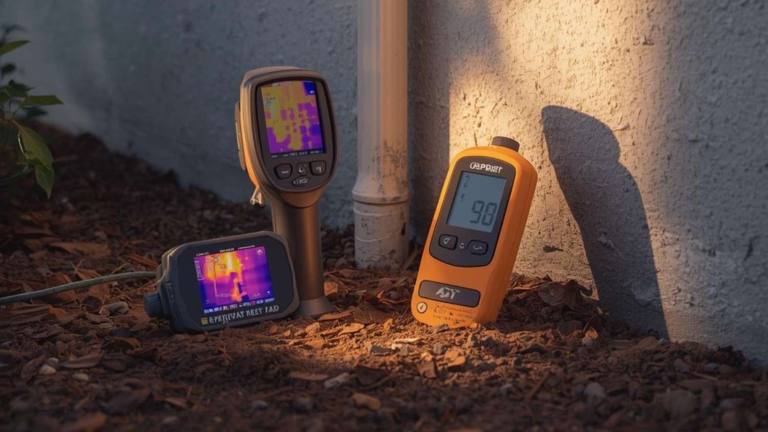 Thermal imaging tool and moisture meter on the ground outside of a home with a stucco exterior