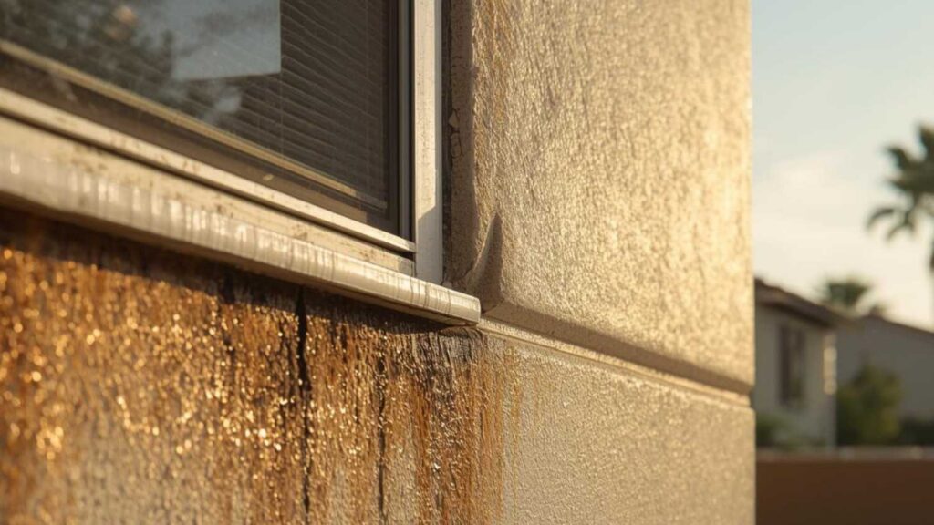Visible leak seeping out of a stucco wall
