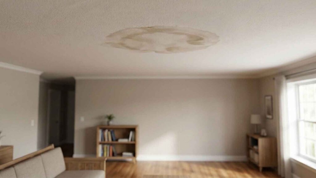An image of a residential interior showing visible ceiling water damage in a modern home.