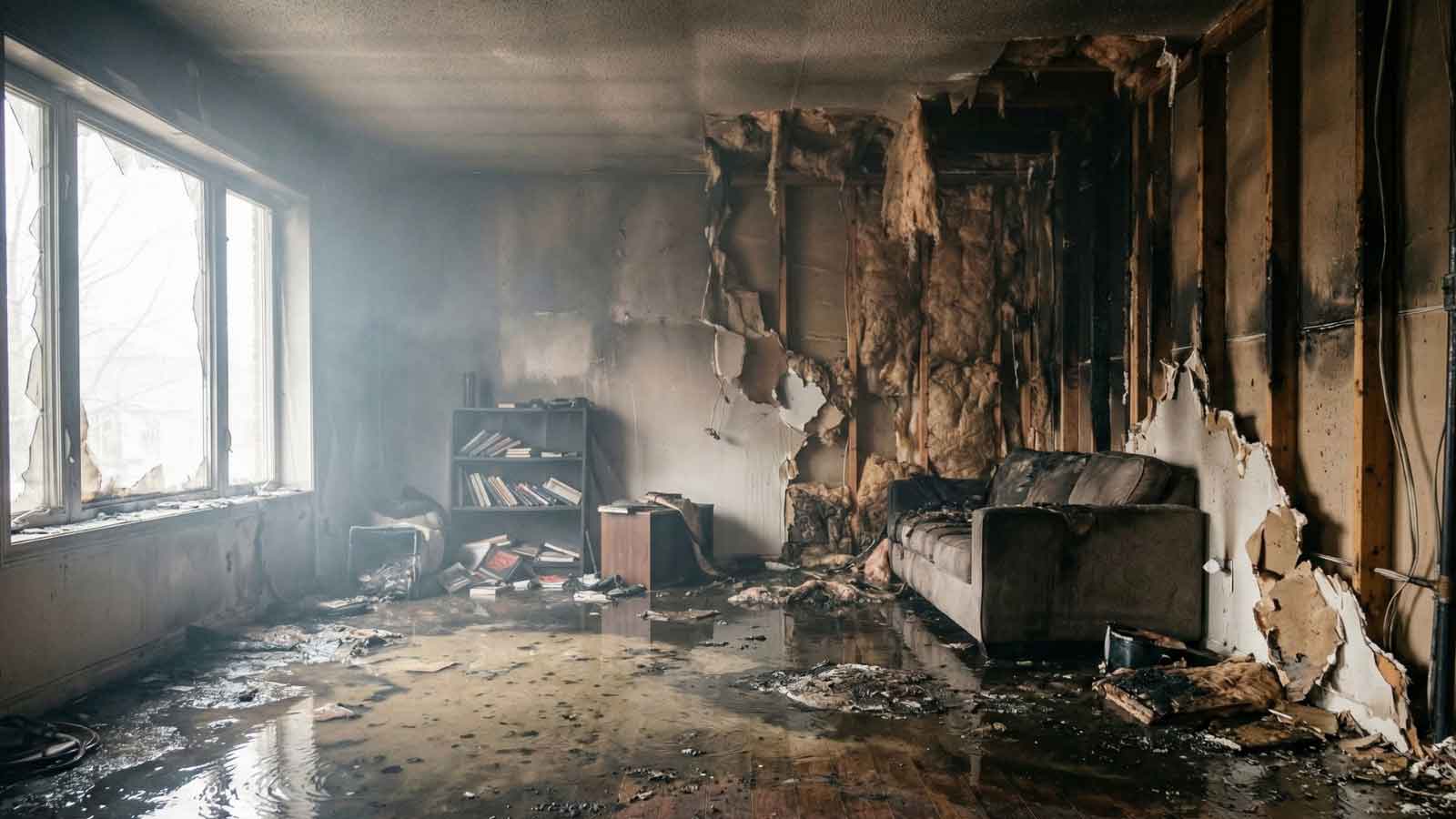 Image of extensive, raw fire and water damage inside a residential living room in a suburban home shortly after a blaze
