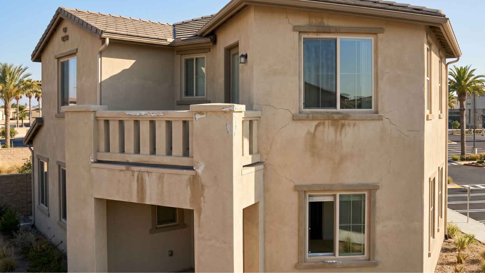 A realistic residential scene showing early signs of building envelope failure on a suburban Los Angeles home.