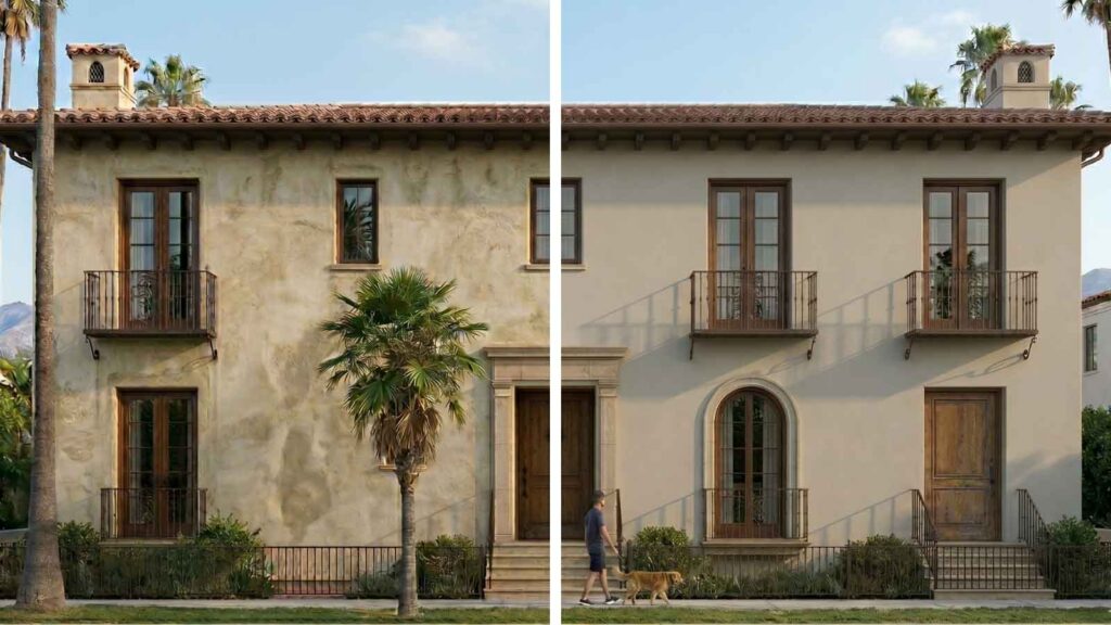 Side-by-side comparison of two Mediterranean-style LA homes showing textured Italian lime stucco on the left and smooth synthetic/cement stucco finish on the right.