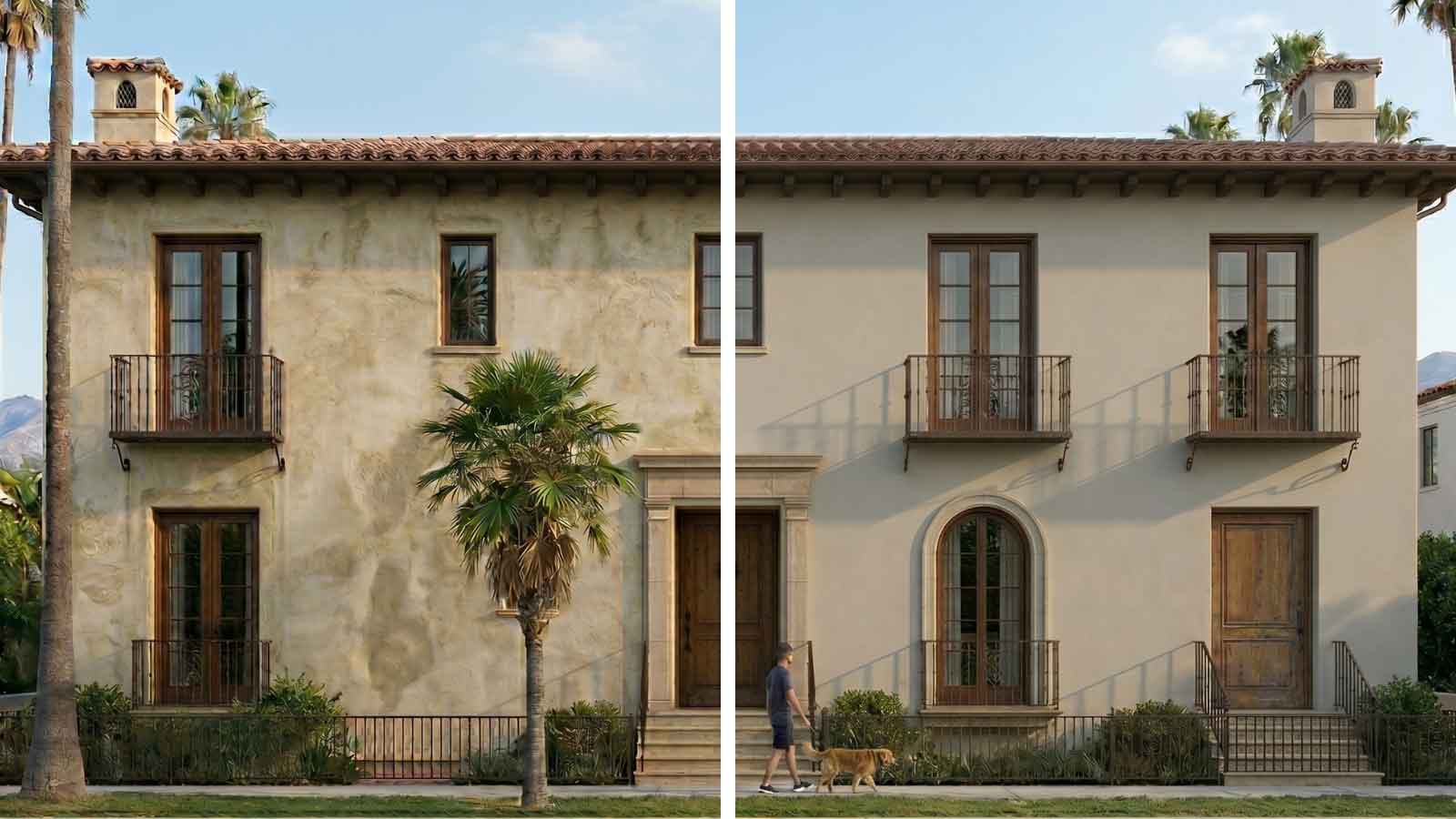 Side-by-side comparison of two Mediterranean-style LA homes showing textured Italian lime stucco on the left and smooth synthetic/cement stucco finish on the right.