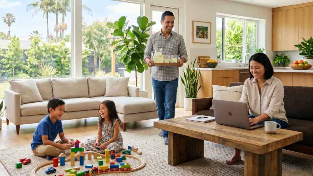 A family relaxes in their bright, open-concept living space, with children playing on the floor, the father bringing a drink, and the mother working on her laptop.