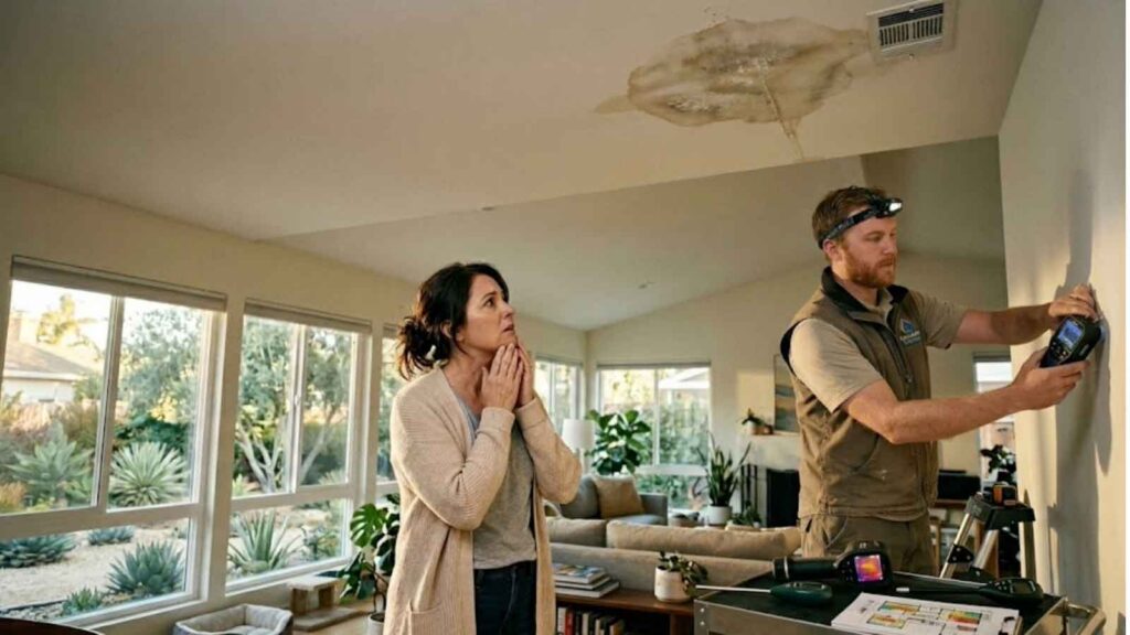 A realistic photo of a residential home interior showing a water stain on a ceiling and a homeowner looking up at it with concern, while a contractor uses a moisture meter on the wall.
