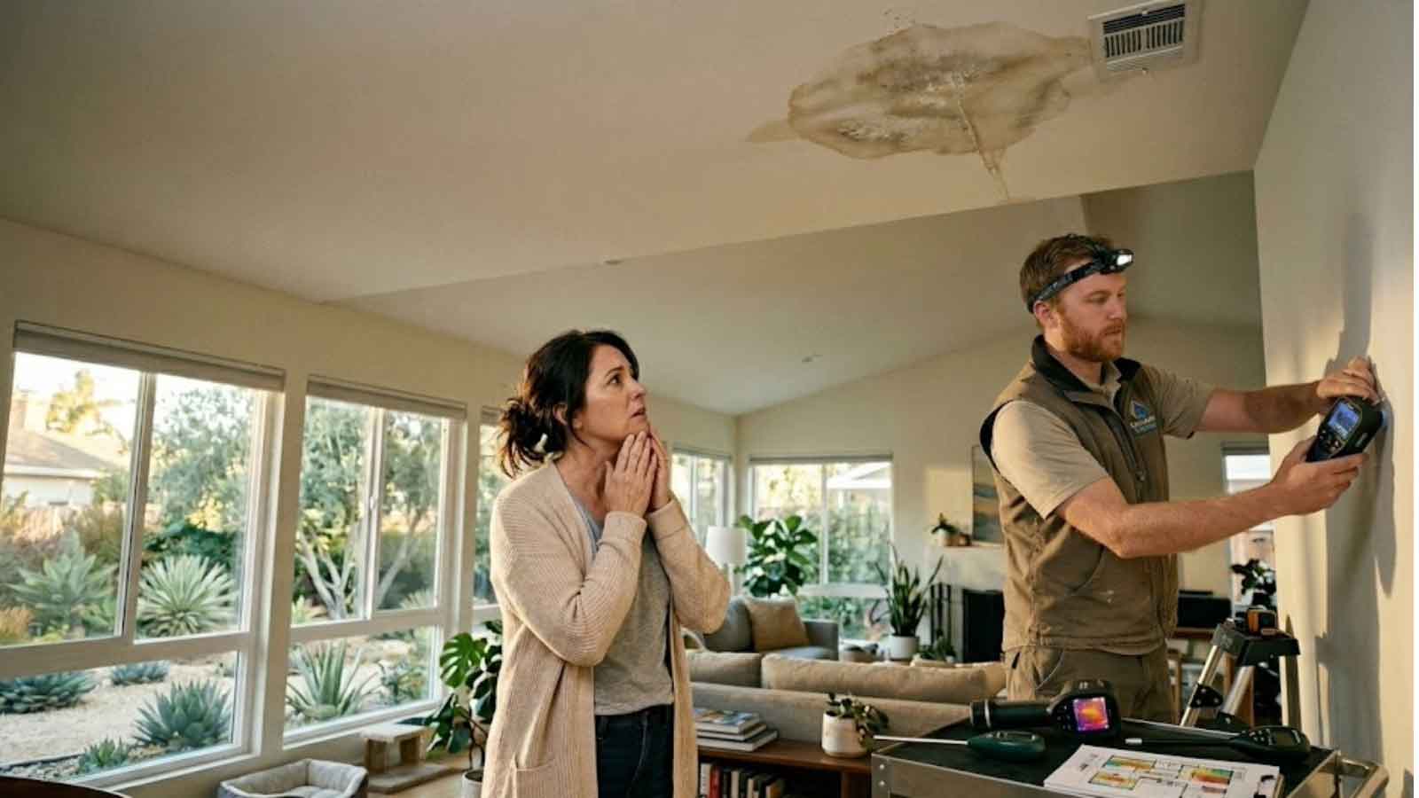 A realistic photo of a residential home interior showing a water stain on a ceiling and a homeowner looking up at it with concern, while a contractor uses a moisture meter on the wall.