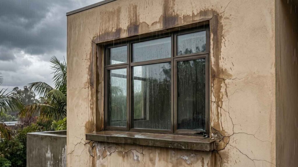 A window on a Los Angeles residential unit with visible leaks and cracks