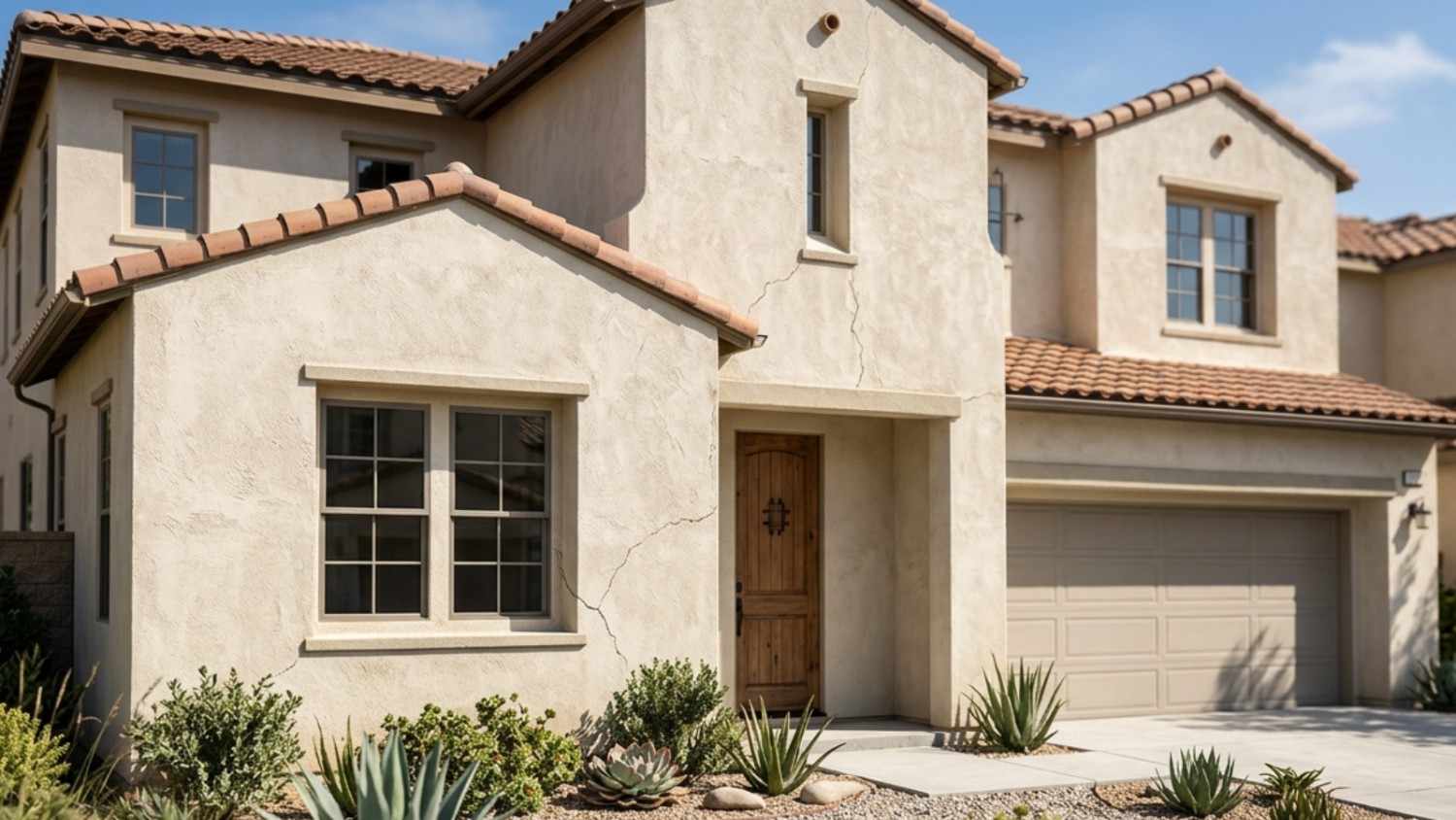 LA house with stucco exterior showing cracks along the windows