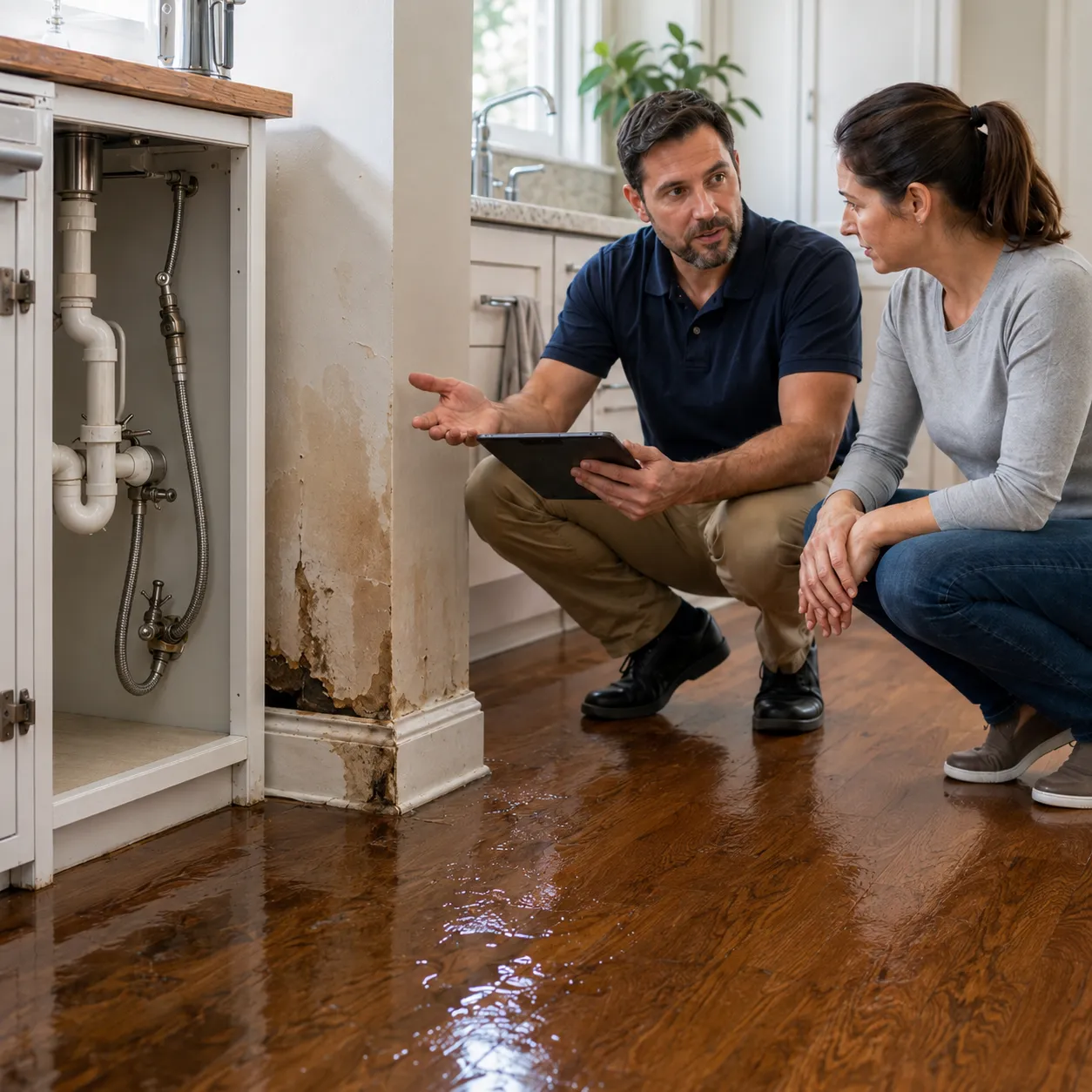 A professional discusses water damage restoration with a homeowner near a leaking sink.