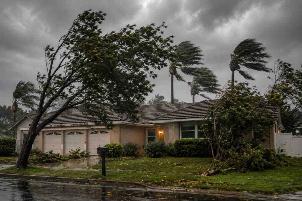 Home with trees bending in strong winds.