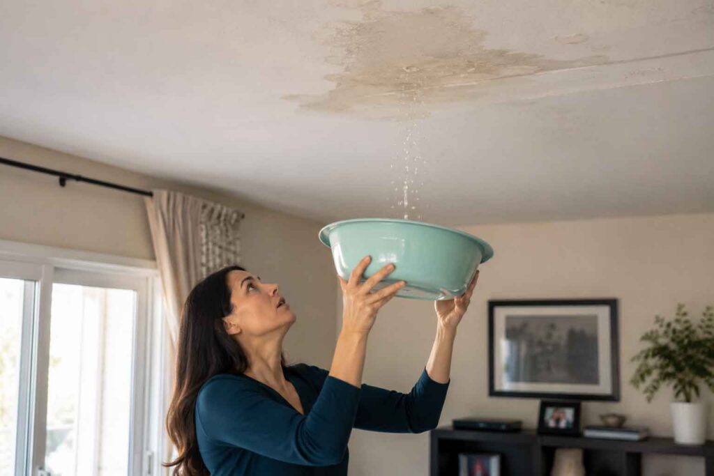 Woman holding a basin under an active roof leak inside her home.