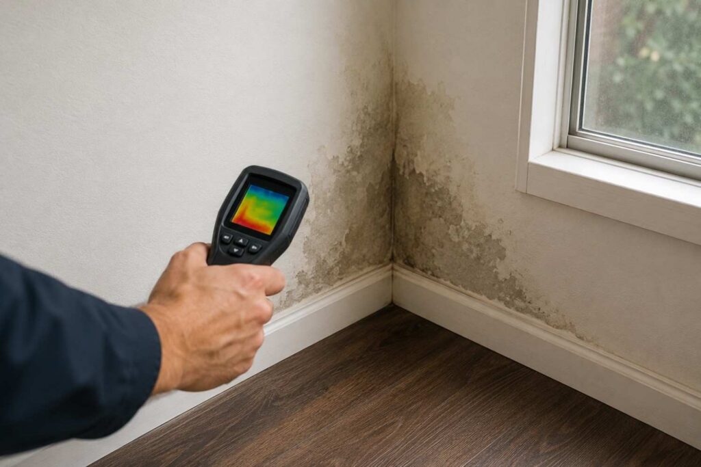 Technician using a moisture meter inside a home.