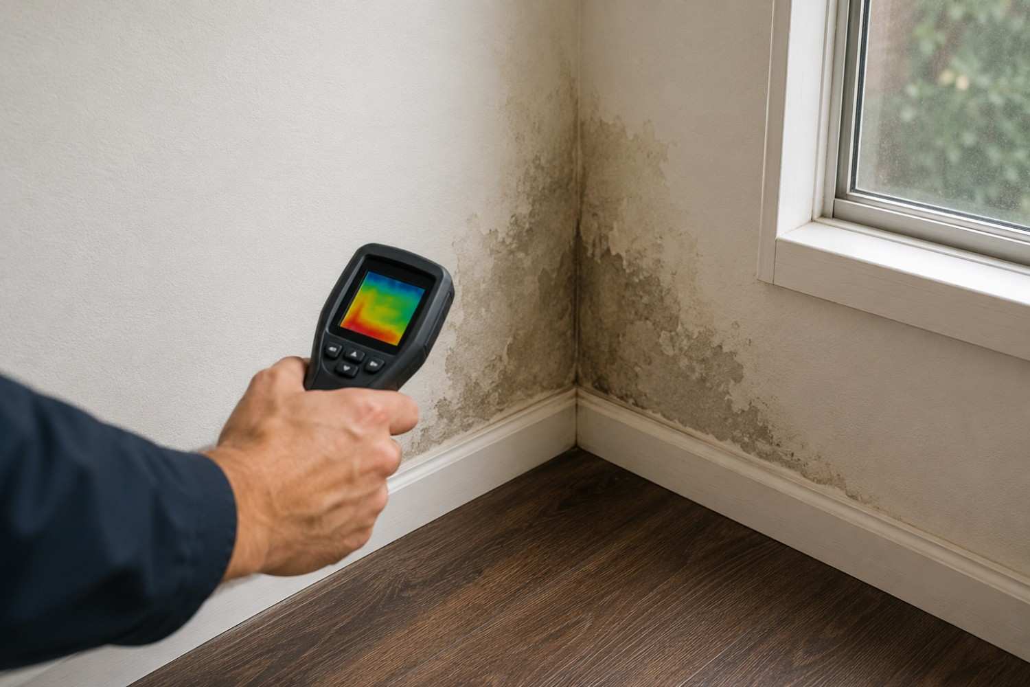 Technician using a moisture meter inside a home.