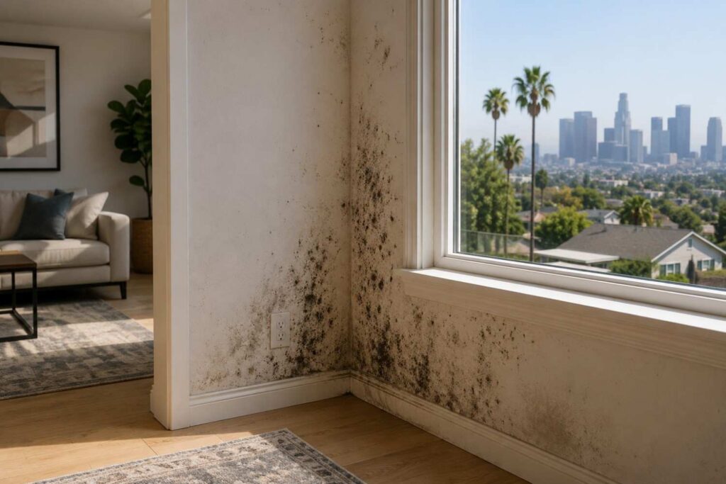 Living room showing early signs of mold buildup on the wall.
