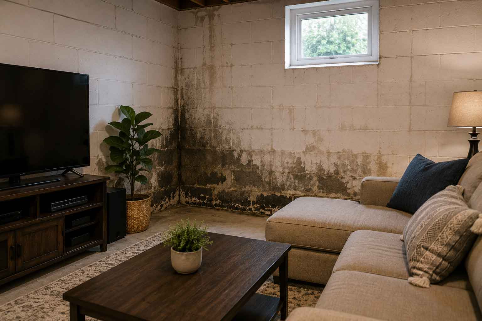 Living room with visible moisture stains on a concrete block wall.