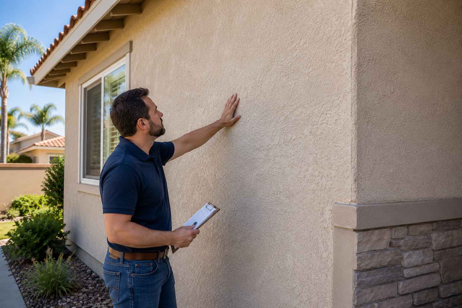 Professional inspecting the exterior wall of a California home.